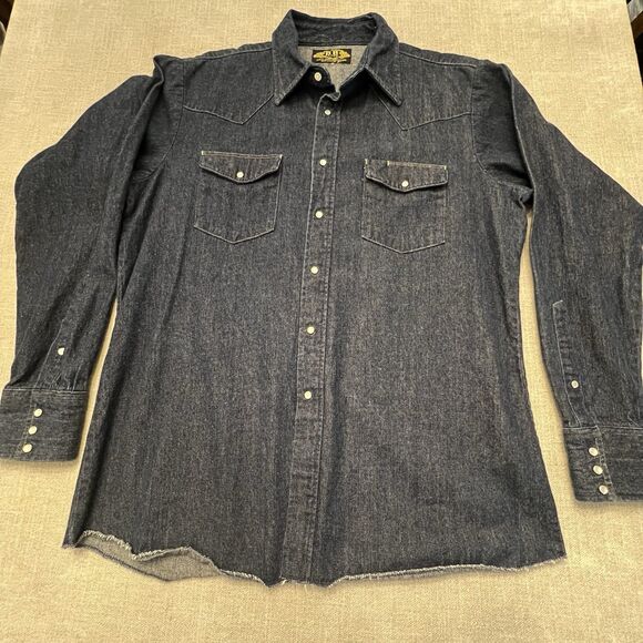 Vtg BB Brand Shirt Mens Pearl Snap Dark Denim Long Sleeve XLarge New Orleans USA - Picture 1 of 9